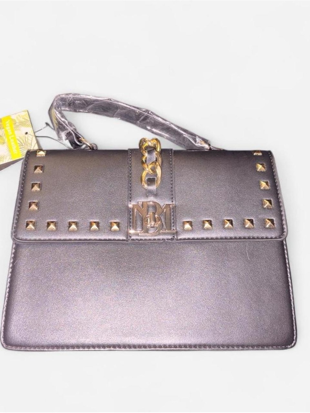 Badgley Mischka Metallic Gray Top Handle Satchel with Gold Accents